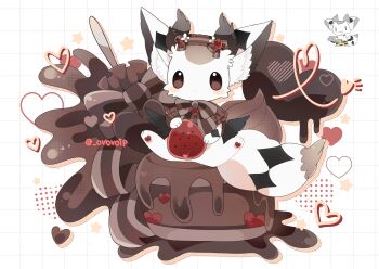 animal_ear_fluff blush_stickers bow bowtie brown_bow brown_bowtie brown_eyes cake cake_slice chocolate_cake closed_mouth commentary_request food fruit full_body grid_background heart highres looking_at_viewer no_humans original shirasuame_shiromaru sitting star_(symbol) strawberry striped_bow striped_bowtie striped_clothes twitter_username white_background