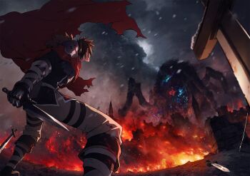 Rule 34 | 1boy, armor, bandages, boots, breastplate, brown hair, castle, cloak, cloud, cloudy sky, distortion, dynamic pose, fire, forbartz xylo, from behind, from side, fur trim, giant, giant monster, highres, holding, holding knife, holding weapon, key visual, knee boots, knife, monster, official art, outdoors, pauldrons, planted, planted sword, planted weapon, promotional art, red cloak, short hair, shoulder armor, sky, solo focus, spiked hair, sword, thigh strap, weapon, yuushakei ni shosu