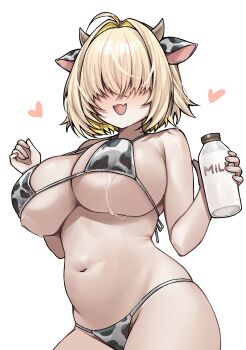 1girl :d absurdres animal_ears animal_print bikini blonde_hair blush bottle breasts cow_ears cow_horns cow_print cow_print_bikini curvy elegg_(nikke) fang goddess_of_victory:_nikke hands_up heart highres holding holding_bottle horns large_breasts miclipse milk_bottle navel open_mouth print_bikini short_hair simple_background smile solo stomach swimsuit white_background