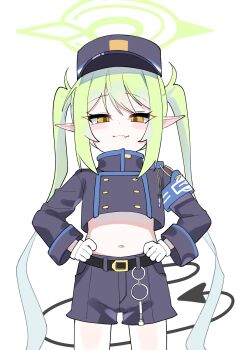 1girl armband bag belt blue_archive demon_tail fang gloves green_hair halo hat highres long_hair mesugaki navel nozomi_(blue_archive) pointy_ears tail train_conductor twintails white_gloves yellow_eyes zhugul0804