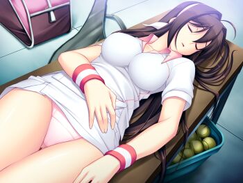 1girl ahoge bag ball breasts brown_hair closed_eyes clothes_lift game_cg hairband impossible_clothes impossible_shirt large_breasts large_variant_set long_hair lying maishima_yuri nerawareta_megami_tenshi_angel_tear non-web_source official_art on_back panties pantyshot pink_panties shirt sleeping solo sportswear sweatband tennis_ball tennis_uniform tsukumo_kazuita underwear variant_set wristband