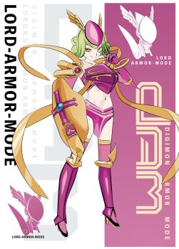 Rule 34 | 1girl, absurdres, armor, bare shoulders, breastplate, breasts, cleavage, curly hair, digimon, digimon (creature), digimon story: cyber sleuth, full body, green hair, highres, holding, holding shield, jacket, kishibe rie, lordknightmon, missing commentary, navel, pink background, shield, simple background, skirt, solo, solo focus, tai (cheungsk1213), thighhighs, yellow eyes