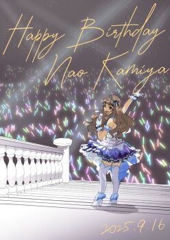 1girl arm_garter arm_up armpit_crease artist_name baluster bare_shoulders beads black_bow black_ribbon blue_dress bow brown_hair character_name commentary_request concert dated dress foot_up from_above from_behind full_body gloves glowstick hair_ribbon hand_up happy_birthday high_heels highres holding holding_microphone idolmaster idolmaster_cinderella_girls kamiya_nao long_hair looking_at_viewer looking_back looking_up microphone multicolored_dress music on_stairs open_mouth outstretched_arm pandayagi penlight_(glowstick) railing red_eyes ribbon shadow shoes short_dress sideways_glance singing sleeveless sleeveless_dress smile solo stage_lights stairs standing thick_eyebrows thighhighs tiara turning_head twitter_username wavy_hair white_dress white_gloves white_shoes white_thighhighs wrist_bow zettai_ryouiki