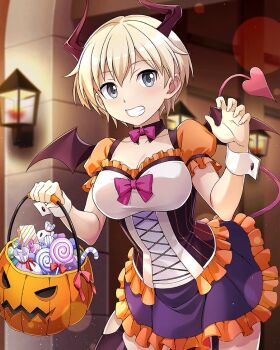 1girl blonde_hair blurry blurry_background blush bow bowtie brave_witches breasts candy claw_pose collarbone demon_costume demon_girl fake_tail food halloween halloween_costume holding indoors jack-o&#039;-lantern large_breasts night nikka_edvardine_katajainen non-web_source outdoors short_hair smile solo standing tail wall_lamp world_witches_series wrist_cuffs yellow_eyes