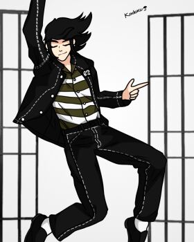 1boy black_hair black_jacket closed_eyes collared_shirt dancing earrings elvis_presley greyscale jacket jewelry kodoku light_smile long_hair monochrome original pointing prison prison_cell sangius sangius_petrified shirt simple_background striped_clothes striped_shirt vincent_silverman