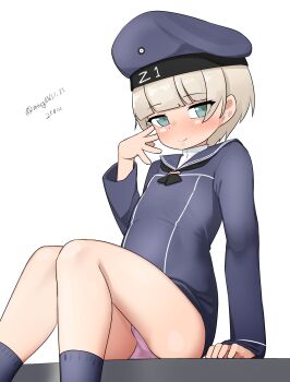 1girl absurdres black_neckerchief blue_dress blue_eyes blue_sailor_collar blue_socks blunt_bangs clothes_writing dress feet_out_of_frame flat_chest grey_hair grey_panties hat highres kantai_collection long_sleeves looking_at_viewer maru_(marg0613) neckerchief one-hour_drawing_challenge panties pantyshot sailor_collar sailor_dress sailor_hat short_dress short_hair simple_background sitting socks solo underwear white_background z1_leberecht_maass_(kancolle)