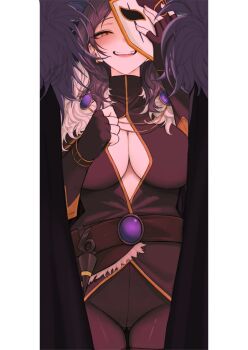 1girl belt black_gloves black_hair black_pantyhose black_shirt blush breasts cape cleavage cleavage_cutout clothing_cutout cowboy_shot diamond_cutout fingerless_gloves fur-trimmed_shirt fur_cape fur_trim gem glove_belt gloves holding holding_mask large_breasts maplestory mask medium_hair negative_space night_walker_(maplestory) pantyhose purple_gemstone se_tu_(55559229) shirt smile solo teeth thigh_gap upper_teeth_only