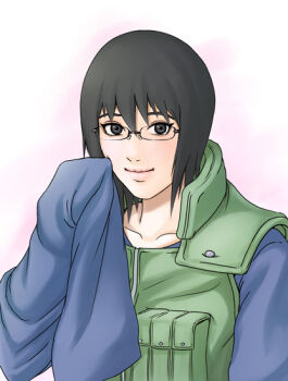 Rule 34 | 1girl, black eyes, black hair, female focus, flak jacket, glasses, gradient background, jacket, looking at viewer, naruto (classic), naruto (series), shizune (naruto), short hair, smile, solo, tk (tk's level4), upper body