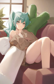 1girl absurdres alohayuja aqua_eyes aqua_hair brown_sweater closed_mouth commentary couch hatsune_miku highres hugging_object knees_up korean_commentary long_hair looking_at_viewer lying off-shoulder_sweater off_shoulder on_back on_couch pillow pillow_hug solo sweater twintails vocaloid window