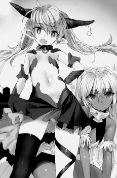 2girls all_fours armor bike_shorts bikini_armor breasts closed_mouth collar collarbone cowboy_shot edelgard_(isekai_maou) expressionless fang flat_chest greyscale hair_between_eyes hair_ornament hair_scrunchie hand_on_own_hip head_tilt highres horn_ornament horns isekai_maou_to_shoukan_shoujo_no_dorei_majutsu kneeling krebskrum long_hair looking_at_viewer medium_breasts metal_collar miniskirt monochrome multiple_girls navel novel_illustration o-ring_collar official_art open_mouth pleated_skirt pointy_ears revealing_clothes scrunchie simple_background single_thighhigh skirt standing thighhighs thighs third-party_source tsurusaki_takahiro twintails two_side_up