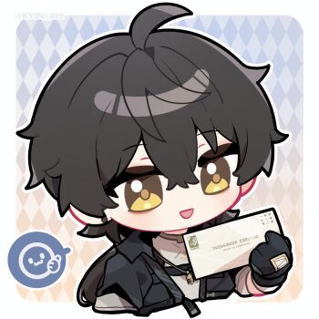 1boy ahoge black_gloves black_hair black_jacket blue_background border chibi chibi_only chinese_commentary commentary_request envelope gloves gradient_background highres holding holding_envelope jacket kyou_039 long_hair male_focus male_rover_(wuthering_waves) open_mouth orange_background rover_(wuthering_waves) smile solo spoken_expression twitter_username white_border wuthering_waves yellow_eyes