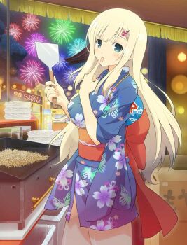 1girl :p aerial_fireworks aqua_eyes architecture bean_sprout blonde_hair blue_kimono blush bow box breasts cardboard_box cooking east_asian_architecture fireworks floral_print floral_print_kimono flower_hairclip food griddle grilling hair_ornament hairclip hand_fan holding holding_spatula japanese_clothes kimono large_breasts lens_flare licking_own_finger long_hair looking_at_viewer obi obijime official_art paper_fan print_kimono red_bow restaurant sash senran_kagura senran_kagura_new_wave senran_kagura_shoujo-tachi_no_shin&#039;ei shiny_skin short_kimono smile solo spatula summer_festival tasting tent tongue tongue_out translation_request trash_can waist_bow wave_print yomi_(senran_kagura)