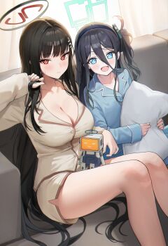 2girls absurdres aris_(blue_archive) black_hair blue_archive blue_eyes blue_pajamas breasts cleavage commentary_request couch hair_behind_ear hair_between_eyes hair_ornament hairband halo highres holding holding_pillow large_breasts loloco long_hair millennium_science_school_logo multiple_girls one_side_up pajamas pillow red_eyes rio_(blue_archive) sitting very_long_hair white_pajamas