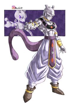 1boy absurdres ancient_egyptian_clothes armlet beatlo_(rodrigo38658978) beerus black_nails bracelet brown_shoes colored_skin creature_and_personification dragon_ball dragon_ball_super full_body gen_1_pokemon gold_armlet gold_bracelet gold_choker grey_skin highres instagram_username jewelry legendary_pokemon looking_at_viewer mewtwo muscular muscular_male nintendo no_eyebrows pants personification pokemon pokemon_(creature) sash shoes solo tail toriyama_akira_(style) usekh_collar white_pants