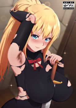 1girl arm_behind_head arm_up armpit_hair armpits artist_logo artist_name between_breasts blonde_hair blue_eyes bodysuit bow bowtie breasts closed_mouth collarbone darkness_(konosuba) female_focus highres kono_subarashii_sekai_ni_shukufuku_wo! large_breasts lips logo long_hair looking_at_viewer ohdax ponytail red_bow smile solo sparkle sword sword_between_breasts torn_bodysuit torn_clothes upper_body weapon
