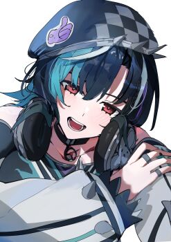 1girl absurdres beret black_hair black_hat blush carternanmen green_hair hat headphones headphones_around_neck highres hololive hololive_dev_is looking_at_viewer multicolored_hair open_mouth rindo_chihaya rindo_chihaya_(1st_costume) short_hair smile solo streaked_hair virtual_youtuber white_background white_streaks