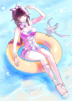 1girl absurdres alternate_costume bare_shoulders black_hair breasts cleavage closed_eyes closed_mouth columbina_(genshin_impact) commentary fingernails genshin_impact hand_up highres long_hair long_sidelocks luonnotar_(genshin_impact) medium_breasts nail_polish on_innertube one-piece_swimsuit pink_one-piece_swimsuit purple_nails sidelocks smile solo ssamsa0404 swimsuit toenail_polish toenails very_long_hair water