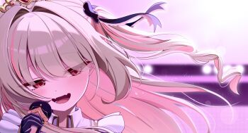 1girl :d backlighting black_gloves black_ribbon blunt_bangs blurry blurry_background blush collar colored_inner_hair drill_hair fangs floating_hair flying_sweatdrops frilled_ribbon frills gloves gold_trim grey_hair hair_intakes hair_ribbon half-closed_eyes head_tilt highres holding holding_microphone idol_clothes kano3 light_particles long_hair makaino_ririmu microphone multicolored_hair music nijisanji nijisanji_idol_uniform official_alternate_costume open_mouth pink_background pink_hair pointy_ears portrait red_eyes ribbon sidelocks sideways_glance singing skin_fangs smile solo stage straight-on streaked_hair tiara two_side_up virtual_youtuber white_collar