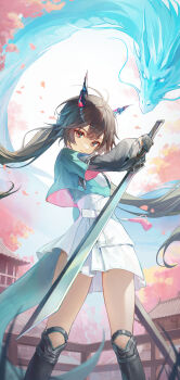 Rule 34 | 1girl, absurdres, alohayuja, arknights, arknights: endfield, black boots, black eyes, black gloves, black hair, boots, chen qianyu (arknights), closed mouth, commentary, day, dragon, dress, eastern dragon, feet out of frame, fence, gloves, highres, holding, holding sword, holding weapon, horns, korean commentary, layered sleeves, long hair, long sleeves, looking at viewer, outdoors, petals, short over long sleeves, short sleeves, solo, standing, sword, tassel, thigh boots, thighs, twintails, weapon, white dress, wind, wooden fence