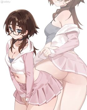 1girl artist_name ass bare_legs between_legs black-framed_eyewear black_choker blue_eyes breasts brown_hair choker cleavage commentary cropped_hoodie en_(iwbitu) english_commentary glasses grin hair_between_eyes hand_between_legs highres hood hoodie iwbitu lifting_own_clothes long_hair long_sleeves medium_breasts midriff miniskirt multiple_views navel original pink_skirt pleated_skirt simple_background skirt sleeves_past_wrists smile thighs twitter_username v_arms white_background