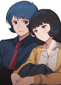 1boy 1girl :o black_eyes black_hair black_pants blue_eyes blue_hair blue_shirt blush coat collared_shirt commentary fa_yuiry good_end gundam gundam_zz head_on_another&#039;s_shoulder hetero kamille_bidan kasumi_(skchkko) knees_up long_sleeves looking_at_another medium_hair necktie open_mouth pants red_necktie shirt short_hair simple_background sitting smile white_background white_shirt wing_collar yellow_coat