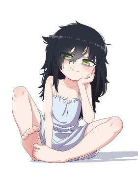 Rule 34 | 1girl, absurdres, arm support, bags under eyes, barefoot, black hair, dress, feet, green eyes, highres, kuroki tomoko, legs, leims (urje8584), simple background, sitting, soles, solo, toe scrunch, toes, watashi ga motenai no wa dou kangaetemo omaera ga warui!, white background