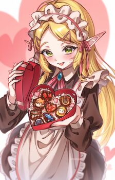 Rule 34 | 1girl, apron, black dress, blonde hair, blue gem, box, box of chocolates, brooch, commentary, dress, english commentary, frilled apron, frills, gem, green eyes, heart-shaped box, incoming gift, jewelry, long hair, looking at viewer, maid, maid apron, manggwi55, nintendo, open mouth, pointy ears, princess zelda, solo, the legend of zelda, the legend of zelda: breath of the wild, valentine, white apron