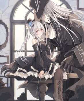 black_dress black_hat black_jacket black_sleeves blue_flower blue_rose boots brown_boots brown_pantyhose character_request check_character commentary_request detached_sleeves doll_joints dress flower grey_hair hair_between_eyes hat highres indoors jacket joints kushida_you lace-up_boots long_hair long_sleeves looking_at_viewer mini_hat mini_top_hat orchid_(maplestory) pantyhose puffy_long_sleeves puffy_sleeves puppet_strings red_eyes rose sitting sitting_on_table strapless strapless_dress tilted_headwear top_hat twintails very_long_hair window