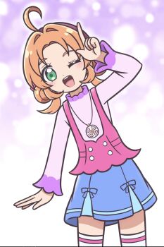 Rule 34 | 1girl, ;d, ahoge, akechi anna, arm up, beret, blue skirt, blush, buttons, commentary, cowboy shot, double-breasted, double bun, gradient background, green eyes, hair bun, hair intakes, hat, highres, index finger raised, jewelry, karon-t, leaning to the side, long sleeves, looking at viewer, medium hair, meitantei precure!, miniskirt, one eye closed, open mouth, orange hair, parted bangs, pendant, pink shirt, pleated skirt, precure, purple background, purple hat, purple shirt, shirt, skirt, smile, solo, standing, teeth, thick eyebrows, thighhighs, two-tone shirt, upper teeth only, white background, white thighhighs, zettai ryouiki