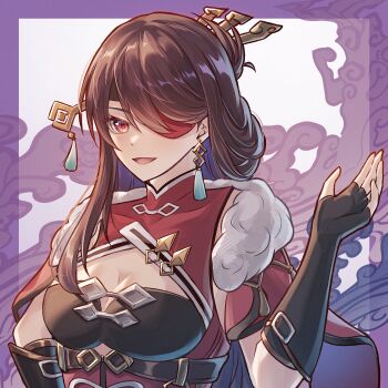 Rule 34 | 1girl, absurdres, beidou (genshin impact), black gloves, border, breasts, brown hair, china dress, chinese clothes, chinese hairpin, colored eyepatch, commentary request, dress, earrings, eyepatch, fingerless gloves, fur collar, genshin impact, gloves, hair ornament, hair over one eye, hairpin, highres, jewelry, large breasts, long hair, looking at viewer, open mouth, purple border, red eyes, smile, solo, tassel, tassel earrings, upper body, yuno kaihara