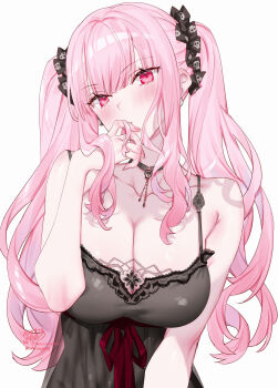 1girl absurdres bare_shoulders black_choker black_nightgown breasts choker cleavage commentary_request empire_waist highres hololive hololive_english kamiya_maneki large_breasts long_hair looking_at_viewer mori_calliope mori_calliope_(sleepwear) nightgown official_alternate_costume official_alternate_hairstyle pendant_choker pink_eyes pink_hair sidelocks simple_background sleepwear solo twintails upper_body virtual_youtuber white_background