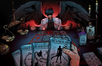 1boy 1other absurdres areuwuu backlighting balance_scale black_hair black_shirt black_wings candlestand card coat colored_extremities demon_horns facing_viewer feathered_wings fingernails head_tilt highres horns inscryption kim_dokja multiple_scars official_alternate_costume omniscient_reader&#039;s_viewpoint open_clothes open_coat outstretched_hand parody partially_shaded_face potion pov pov_hands scar scar_on_hand sharp_fingernails shirt short_hair table upper_body weighing_scale white_coat wings yoo_joonghyuk