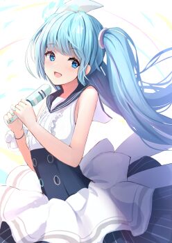 1girl aqua_eyes aqua_hair aqua_halo black_sailor_collar blue_archive blush bow breasts center_frills commentary_request dress frilled_dress frills hair_between_eyes hair_ornament halo hatsune_miku hatsune_miku_(blue_archive) highres holding holding_microphone long_hair manda_(manda9n) medium_breasts microphone multicolored_hair open_mouth pink_hair sailor_collar skirt sleeveless sleeveless_dress smile solo streaked_hair tilted_halo twintails upper_body very_long_hair vocaloid white_dress white_skirt