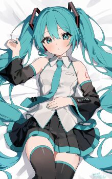 1girl absurdres aqua_eyes aqua_hair aqua_nails aqua_necktie bed_sheet black_sleeves coco_irasuto cowboy_shot detached_sleeves grey_shirt hair_between_eyes hair_intakes hand_on_own_stomach has_uncensored_revision hatsune_miku highres knees_together_feet_apart long_hair lying necktie number_tattoo on_back on_bed parted_lips pleated_skirt shirt skirt solo tattoo thighhighs thighs twintails very_long_hair vocaloid zettai_ryouiki