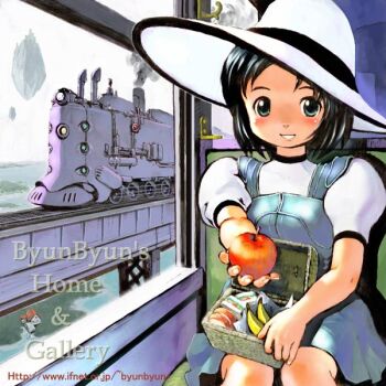 1girl artist_name bad_id banana black_hair blue_dress blue_eyes box bridge commentary dress floating_rock food fruit hat holding holding_food holding_fruit house incoming_food locomotive original outstretched_arm pinafore_dress railroad_tracks sandwich shirt short_hair short_sleeves sitting sleeveless sleeveless_dress solo steam steam_locomotive sun_hat train train_interior tsuzuki_kazuhiko watermark web_address white_hat white_shirt window