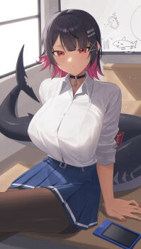 1girl absurdres black_choker black_hair black_pantyhose blue_skirt breasts cellphone choker classroom collared_shirt commentary_request drawing_board ellen_joe ellen_joe_(on_campus) fins fish_tail highres indoors large_breasts looking_at_viewer mm_(mhm2592) multicolored_hair official_alternate_costume pantyhose phone pleated_skirt red_eyes red_hair school_uniform shark_girl shark_tail shirt short_hair skirt smartphone solo tail two-tone_hair white_shirt zenless_zone_zero