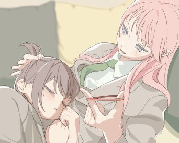 Rule 34 | 2girls, akdrh25, bang dream!, bang dream! it's mygo!!!!!, blazer, blurry, blurry background, chihaya anon, collared shirt, commentary, couple, cushion, depth of field, green necktie, grey eyes, grey hair, grey jacket, hair tie, haneoka school uniform, jacket, light blush, long hair, long sleeves, looking at another, looking down, lying, multiple girls, necktie, on side, open mouth, pink hair, ponytail, reclining, rubber band, school uniform, shirt, short hair, short ponytail, sleeping, sleeping on person, takamatsu tomori, topknot, tying another's hair, white shirt, wing collar, winter uniform, wispy bangs, yuri