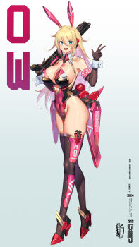 1girl :d armband blonde_hair blue_eyes breasts brown_gloves brown_thighhighs bunny_suit_planning commentary_request covered_navel elbow_gloves full_body gloves gradient_background gun hair_between_eyes high_heels highres holding holding_gun holding_weapon large_breasts long_hair long_legs looking_at_viewer open_mouth pink_armband smile solo takamine_nadare thighhighs trigger_discipline v veronica_sweetheart weapon white_wrist_cuffs wrist_cuffs