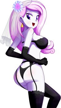 1girl ass black_bra black_lingerie black_panties bra breasts bridal_lingerie bridal_veil earrings fleur_dis_lee garter_belt garter_straps hasbro highres jewelry lingerie looking_at_viewer looking_back my_little_pony my_little_pony:_equestria_girls my_little_pony:_friendship_is_magic open_mouth opera_gloves panties the-butch-x thighhighs thong transparent_background underwear veil