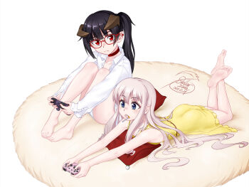 Rule 34 | 2girls, barefoot, black hair, blonde hair, blue eyes, controller, feet, game controller, glasses, highres, horns, light blush, lollipop in mouth, long hair, looking at viewer, lying, multiple girls, on stomach, open mouth, original, panties, pantyshot, pointy ears, red eyes, side ponytail, soles, stellarxiela2, toes, underwear, white background