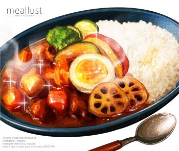 absurdres broccoli commentary_request curry curry_rice egg_(food) food food_focus haruna_macpro highres instagram_username no_humans original pixiv_username rice signature sparkle spoon still_life twitter_username white_background