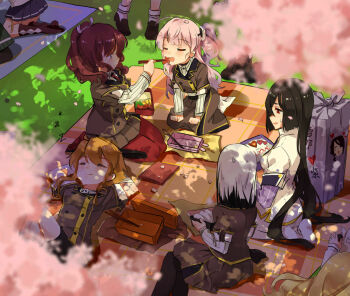 Rule 34 | 6+girls, bento, black hair, black pantyhose, black shorts, blurry, blurry foreground, blush, brown jacket, brown skirt, brown socks, cherry blossoms, chopsticks, closed eyes, closed mouth, commentary request, feeding, food, heijou institute school uniform, holding, holding chopsticks, jacket, konohana suzuka, kumin (6939359), long hair, long sleeves, looking at another, lying, mat, medium hair, multiple girls, on back, one side up, onigiri, open mouth, orange hair, origami family's elite guard uniform, origami yukari, outdoors, pants, pantyhose, pink hair, pleated skirt, ponytail, red eyes, red hair, red pantyhose, renpu girls school uniform, satsuki yomi, school uniform, seiza, shidou maki (toji no miko), shirt, short hair, short sleeves, shorts, sitting, skirt, sleeping, socks, striped clothes, striped shirt, sweat, toji no miko, tsubakuro yume, very long hair, white hair, white jacket, white pants, white shirt, white socks, winter uniform, yokozuwari, zzz