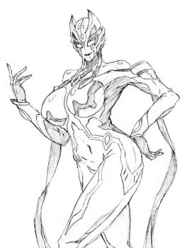 1girl alien arm_scarf armor breasts carmeara color_timer gold_skin horns looking_at_viewer medium_breasts midriff orange_eyes purple_lips rakusakugk silver_skin smile solid_eyes tokusatsu ultra_series ultraman_trigger_(series)