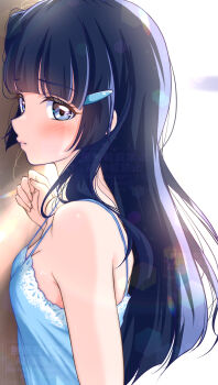 1girl aoki_reika blue_camisole blue_eyes blue_hair blush breasts camisole collarbone day highres kakikakilemon lips long_hair looking_at_viewer precure small_breasts smile smile_precure! solo underwear