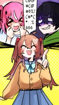 >_< 1boy 2girls :3 :d ahoge bags_under_eyes black_hair blue_bow blue_bowtie blue_sailor_collar blue_sky blush bow bowtie brown_hair camila_(vtuber) cardigan closed_eyes constricted_pupils cropped_cardigan double-parted_bangs facial_mark fang furrowed_brow green_hoodie grimace hair_between_eyes hair_ornament hair_ribbon heart heart_hair_ornament highres hood hoodie laughing long_hair long_sleeves multicolored_hair multiple_girls neuro-sama open_mouth pink_hair pleated_skirt pointing polka_dot polka_dot_background pumpurumpum2 raised_eyebrow red_ribbon ribbon sailor_collar shaded_face shirt short_hair shouting skirt sky smile streaked_hair triangle triangle_facial_mark two_side_up vedal987 vedal_ai virtual_youtuber white_hair white_shirt yellow_cardigan