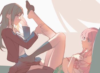 2girls bang_dream! bang_dream!_it's_mygo!!!!! black_jacket black_thighhighs blue_eyes blush cang_(akaga204) chihaya_anon chinese_commentary closed_mouth commentary_request haneoka_school_uniform highres jacket legs_up long_hair long_sleeves multiple_girls nagasaki_soyo no_shoes pink_hair removing_sock school_uniform sidelocks thighhighs wring yuri