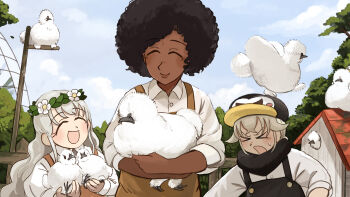 3girls :d absurdres bird black_hair black_overalls black_scarf brown_overalls capybara_keeper_(diva) commentary curly_hair dark-skinned_female dark_skin diva_(hyxpk) donut_stamp duck english_commentary grey_hair hat highres long_hair multiple_girls open_mouth orange_overalls overalls penguin_hat penguin_keeper_(diva) rabbit_keeper_(diva) scarf shirt short_hair silkie_chicken smile white_shirt zoo zookeeper zookeepers_(diva)