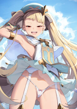 1girl :d absurdres achates_(epic_seven) achates_ururuda arm_behind_head armlet armpits black_ribbon blonde_hair blue_sky blunt_bangs bow bow_panties breasts capelet cleft_of_venus clothes_lift cloud cloudy_sky commentary_request day dress dress_lift earrings epic_seven from_below garter_belt gluteal_fold green_headwear hair_ribbon half-closed_eyes highres jewelry karadborg korean_commentary long_hair looking_at_viewer medium_breasts mesugaki micro_panties open_mouth outdoors panties partially_visible_vulva red_eyes ribbon sky smile solo string_panties stud_earrings teeth twintails underwear upper_teeth_only very_long_hair white_capelet white_panties wind wind_lift