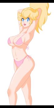 1girl armpits arms_behind_head artist_name bikini blonde_hair blue_eyes breasts cleavage curvy half-closed_eyes highres large_breasts legs long_hair looking_at_viewer mario_(series) navel nintendo pink_bikini ponytail princess princess_peach side-tie_bikini_bottom sideboob smile solo swimsuit thighs thong_bikini