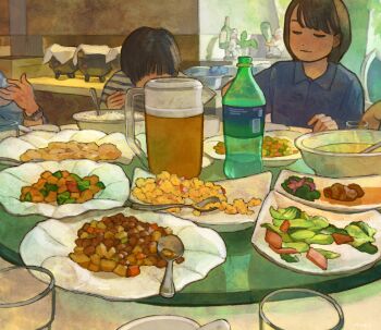 1girl 1other 2boys blue_shirt bottle bowl closed_eyes closed_mouth collared_shirt food highres multiple_boys original pitcher_(container) plastic_bottle plate restaurant rice shirt soda_bottle spoon sumika_inagaki table watch wristwatch